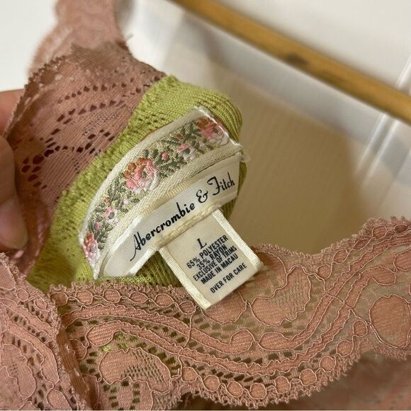 Y2K VTG Abercrombie & Fitch Lime Green Rose Pink Lace Ribbed Cami Top Sz L Fairy - Picture 9 of 10